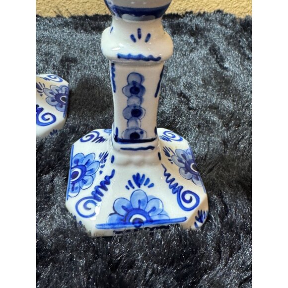 Vintage Delft Blue & White Ceramic Candlestick Holders #503 Set Of 2 - Picture 3 of 8